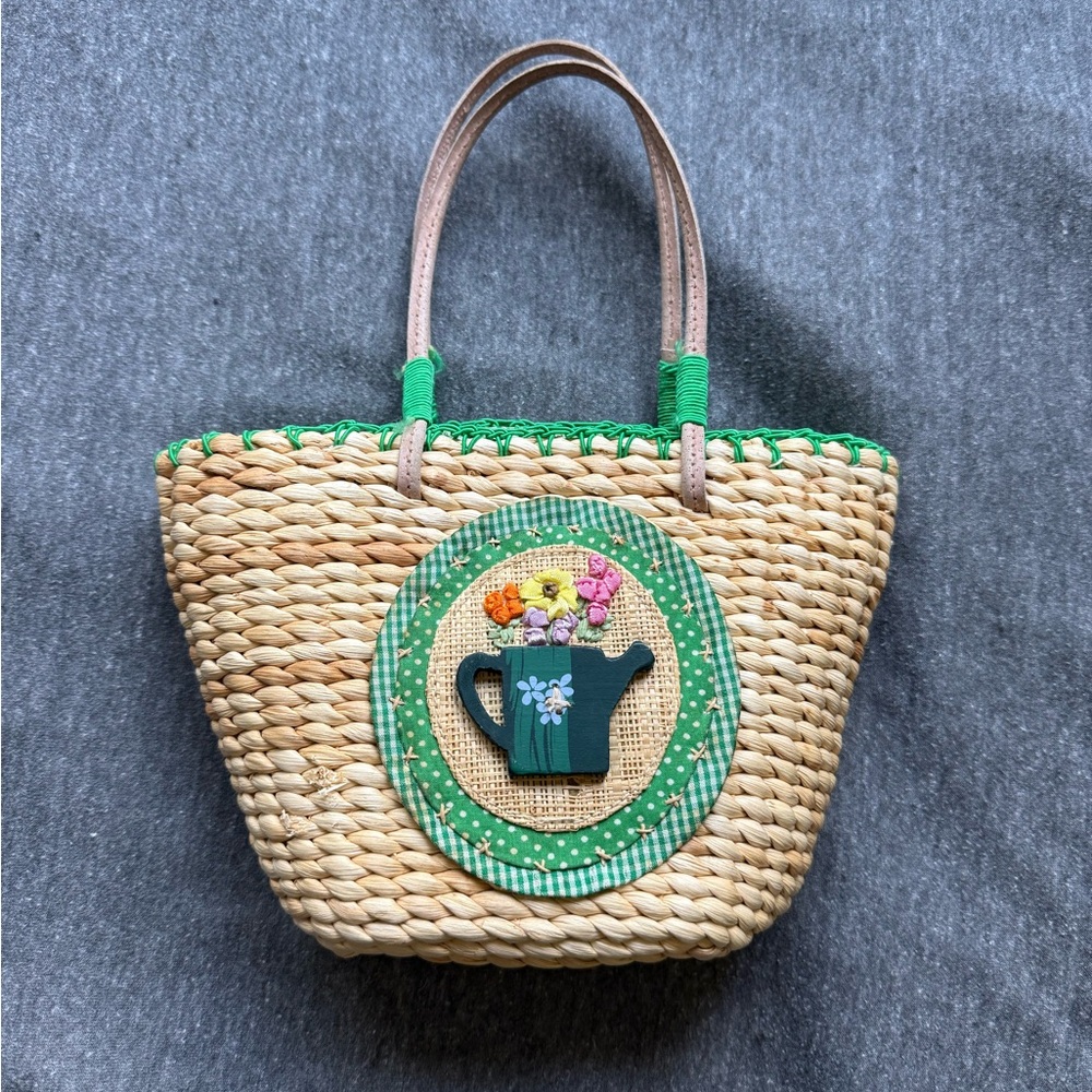 Mini Straw Tote with Floral Garden Design